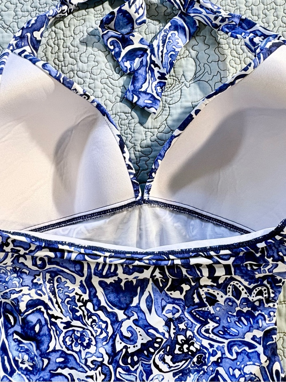 Lauren Ralph Lauren Blue White Floral Halter Swimsuit Tummy Control Ruched~8💛 - Picture 4 of 12